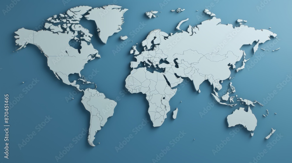 Minimalistic 3d world map on soft blue gradient backdrop, featuring simplified earth representation Minimalistic 3d world map on soft blue gradient backdrop, featuring simplified earth representation