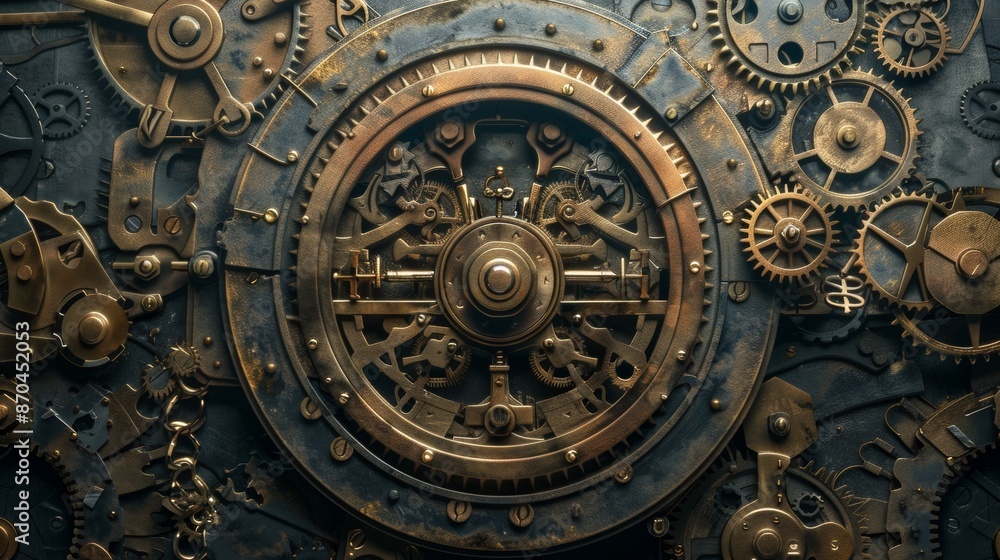 Naklejka premium An intricate, clockwork-inspired lock mechanism, interlocking gears and coded symbols representing the complexities of encryption, photorealistic