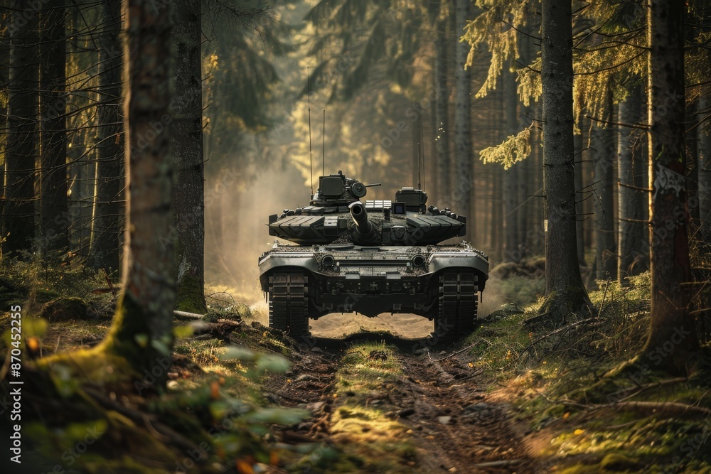 An Military tank M1 Abrams cautiously navigating a narrow forest path, its powerful form barely fitting between the tightly-packed trees An Military tank M1 Abrams cautiously navigating a narrow forest path, its powerful form barely fitting between the tightly-packed trees
