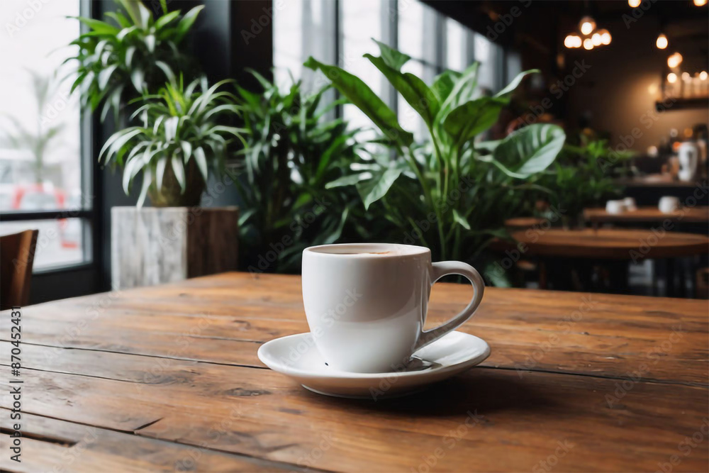 White Tea Cup on a Wooden Table in Blurred an Urban Cafe with Indoor Plants White Tea Cup on a Wooden Table in Blurred an Urban Cafe with Indoor Plants