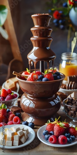 celebrate world chocolate day with a chocolate fondue fountain, surrounded by fresh fruits and marshmallows for a sweet party 