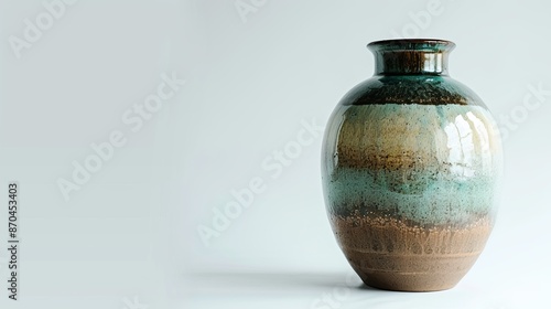 "A brown, green, and cream ceramic vase on a white background, serving as an object of decor, fashion, and vintage appeal, with ample copy space."