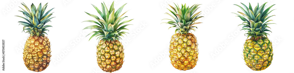 Fototapeta premium Watercolor Illustration of Four Pineapples Isolated on White Background, PNG File