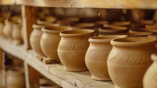 "Close-up of ceramic clay products standing on shelves in a pottery workshop, where a sculptor crafts pots from white clay. The workshop embodies cultural traditions of handmade craftsmanship."   © Mahmud