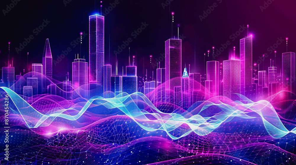 custom made wallpaper toronto digitalFuturistic cityscape with glowing skyscrapers and digital waves of blue and pink light