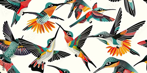 Colorful Hummingbirds in Flight Illustration