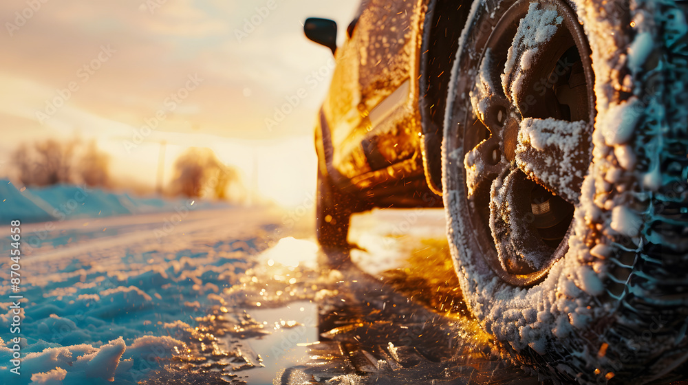 Fototapeta premium Close-up of a car tire on an icy road at sunset. The scene highlights the importance of tire traction and safety in winter conditions, with the warm glow of the setting sun in the background.