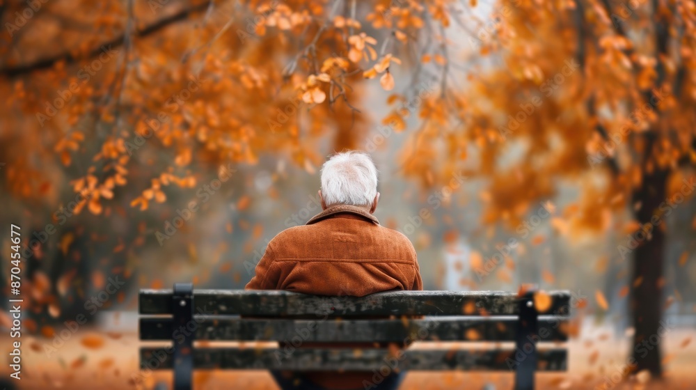 Elderly man sitting on a park bench, surrounded by autumn foliage, looking pensive, Loneliness Emotional , Reflective Solitude Elderly man sitting on a park bench, surrounded by autumn foliage, looking pensive, Loneliness Emotional , Reflective Solitude