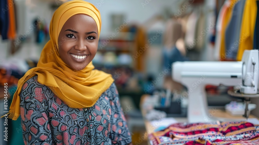 A Muslim woman designer smiles confidently in her workshop. She wears a yellow headscarf and a patterned shirt, standing near a sewing machine A Muslim woman designer smiles confidently in her workshop. She wears a yellow headscarf and a patterned shirt, standing near a sewing machine