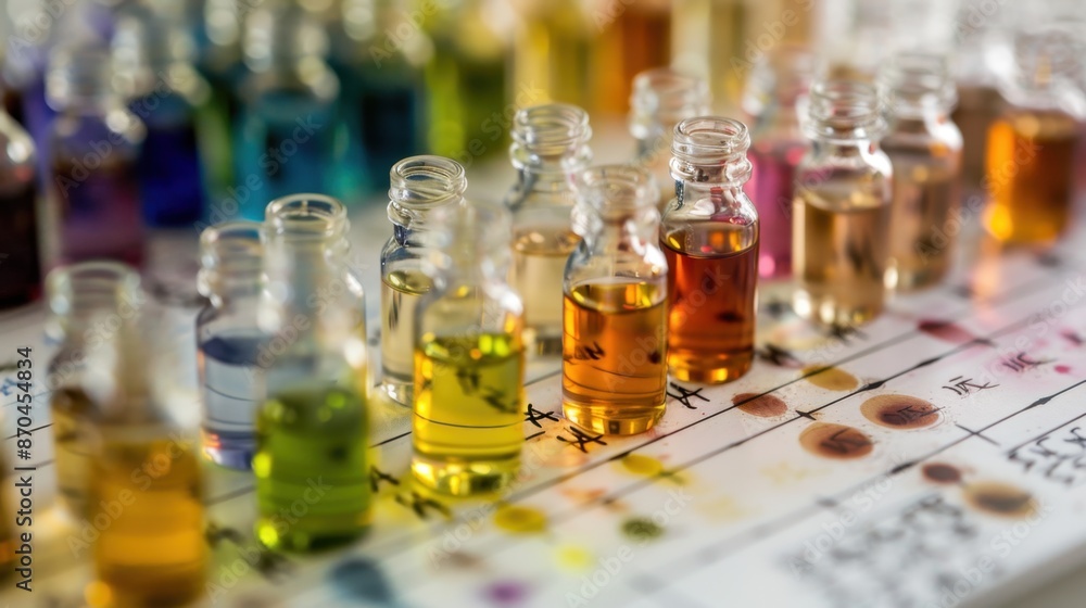 Close-up of an essential oil blending chart, with colorful vials and handwritten notes Close-up of an essential oil blending chart, with colorful vials and handwritten notes