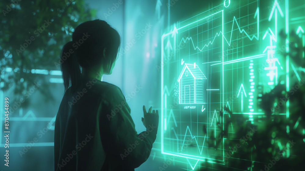 Businesswoman Analyzing Real Estate Data on Holographic Screen in Futuristic Office Businesswoman Analyzing Real Estate Data on Holographic Screen in Futuristic Office