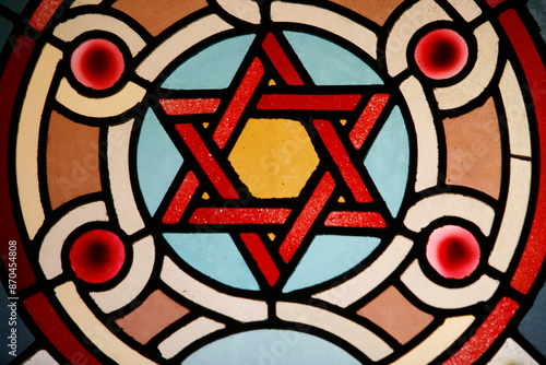 Stained glass window in the Eldrige Street Synagogue. Sar of David. New York. USA. photo