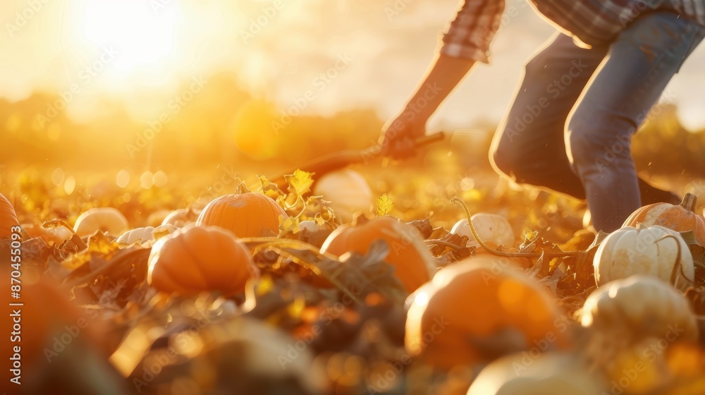 A farmer harvesting pumpkins with the setting sun casting a golden glow, Emotional Autumn, Harvest Joy A farmer harvesting pumpkins with the setting sun casting a golden glow, Emotional Autumn, Harvest Joy