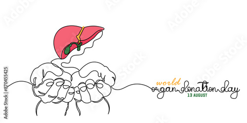 World Organ Donation Day with lungs for Transplantation, line art Hand holding human realistic liver, heart, kidneys, lungs. World Organ Donation Day is on the 13th of August. template Design 