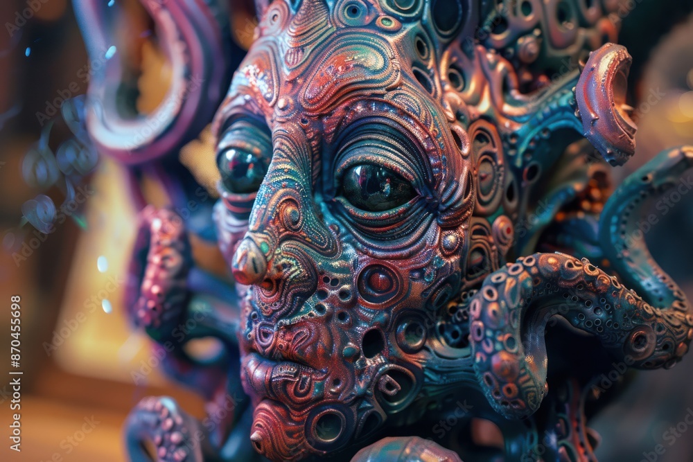 Naklejka premium Psychedelic monster head with intricate mystical details.