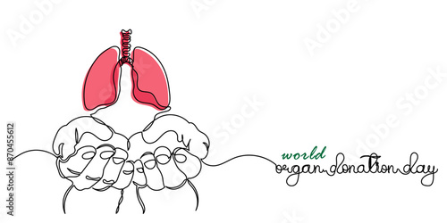 World Organ Donation Day with lungs for Transplantation, line art Hand holding human realistic liver, heart, kidneys, lungs. World Organ Donation Day is on the 13th of August. template Design