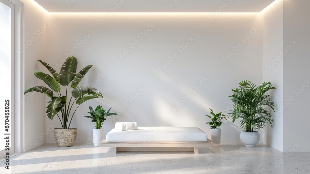 Fototapeta premium Interior of a modern, bright beauty salon with treatment bed beauty parlour interior modern bright serene calming decor clean aesthetic minimalistic tranquil spa wellness therapy