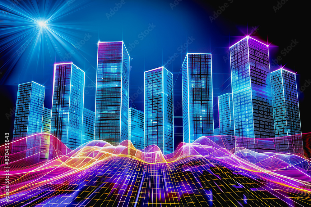 High-tech urban landscape with illuminated skyscrapers and neon digital waves at night High-tech urban landscape with illuminated skyscrapers and neon digital waves at night