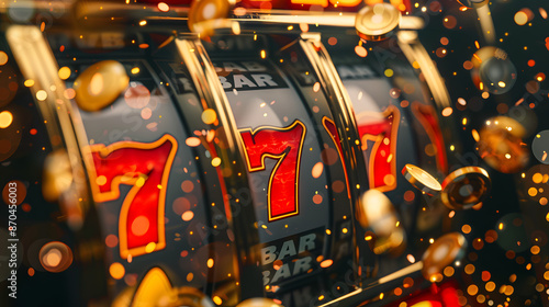 Close-up of a slot machine hitting the jackpot, with red sevens and golden coins flying in the air. Ideal for themes of gambling, luck, and casino excitement.