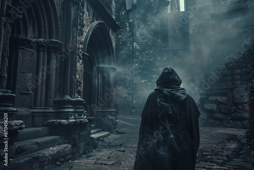 A hooded figure stands in a misty, gothic alleyway. Ancient stone archways loom overhead as eerie smoke swirls around the mysterious cloaked form.