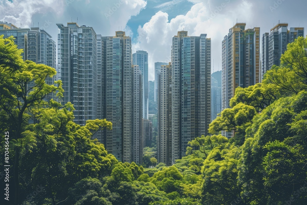 Fototapeta premium Climate-smart urban planning drives green building certification and public health infrastructure, incorporating smart grid technology and sustainable mobility solutions.