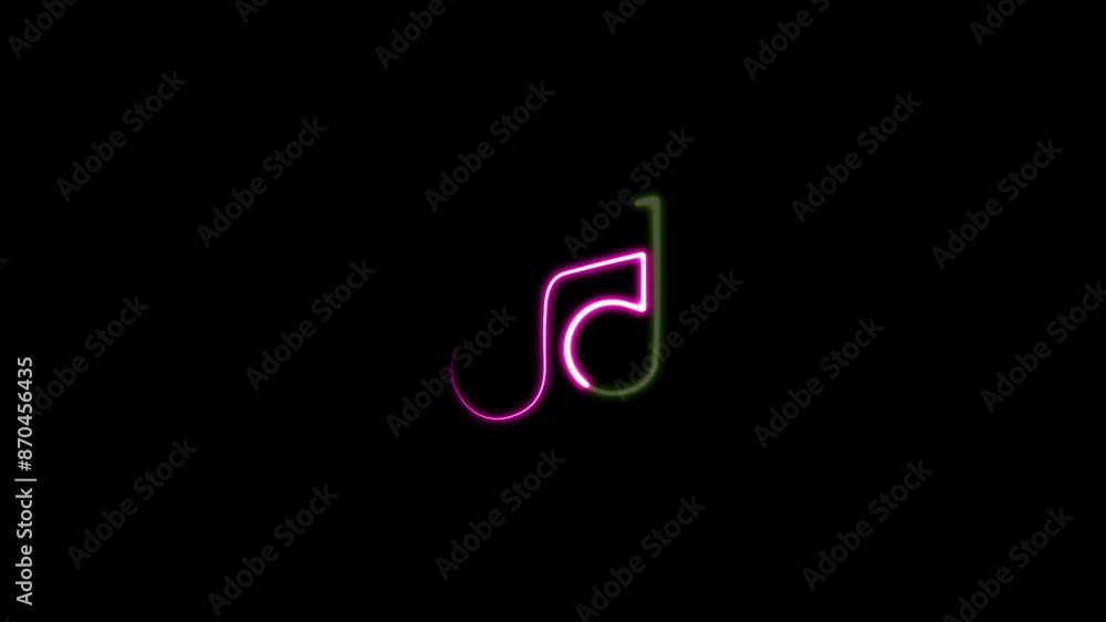 Music symbol neon color reveal and glowing loop effect animation. Glowing neon effect music icon on black background. Music symbol neon color reveal and glowing loop effect animation. Glowing neon effect music icon on black background.