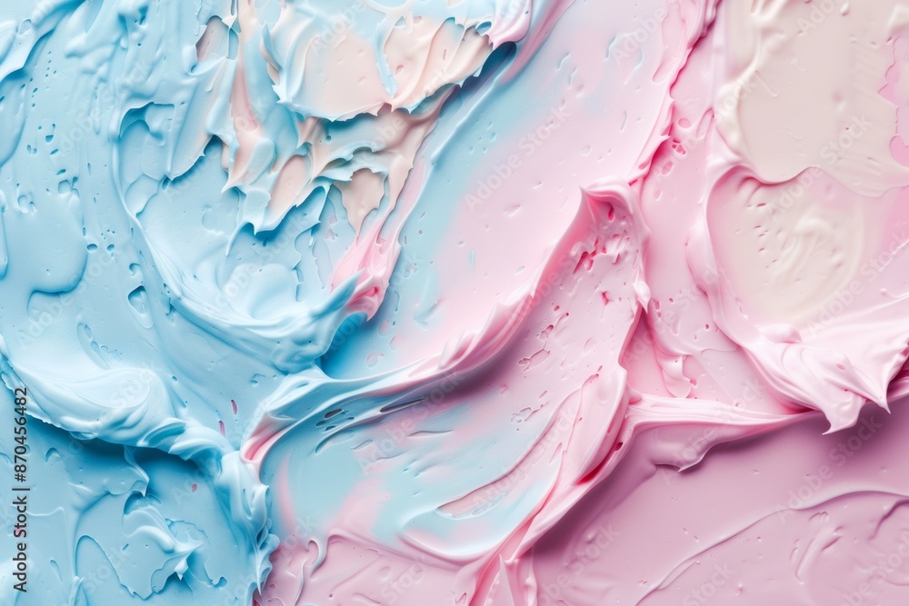 Obraz premium Swirling pastel texture of blue and pink paint, creating a dreamy abstract pattern with smooth blends and intricate details.