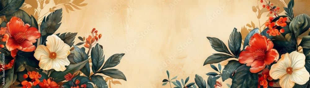 large flowers and leaves on a beige tone background image wallpaper colorful drawings Copy Space Banner large flowers and leaves on a beige tone background image wallpaper colorful drawings Copy Space Banner
