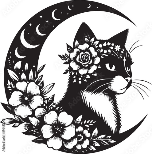 Cat bella,Black and white cat with flowers moon phases vector imageillustration, animal, vector, feline, moon, no people, pets, relaxation, simplicity, sleeping, tail, kitten, night, star shape, carto