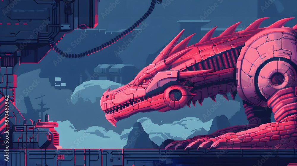 Obraz premium Retro 8-bit Dragon Battles Robotic Enemies in Futuristic Sci-Fi Landscape
