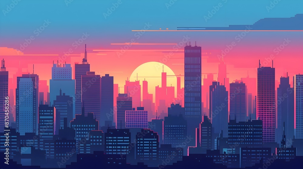 Fototapeta premium Retro Pixelated Skyscraper Cityscape at Dramatic Sunset Skyline