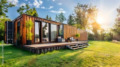 A modern container home featuring large windows, a spacious wooden deck, and surrounded by lush greenery under a bright sun. Ideal for themes of sustainable living, innovative architecture, and outdoo