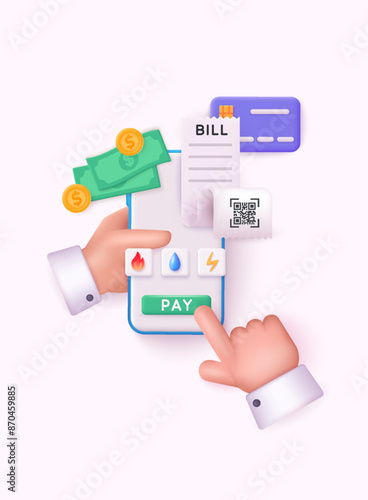 3d online bill on mobile phone banking online payments concept. 3d web vector illustration.