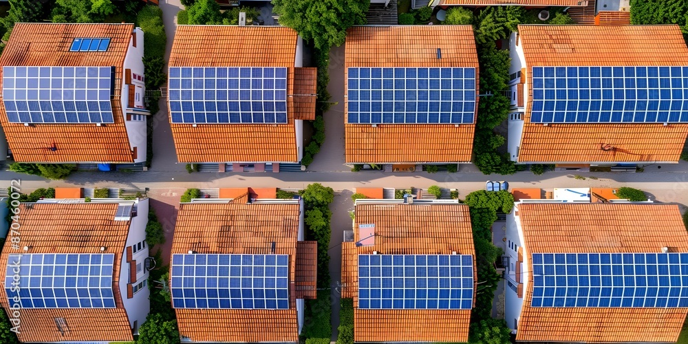 Aerial perspective of a sustainable urban village featuring solar ...