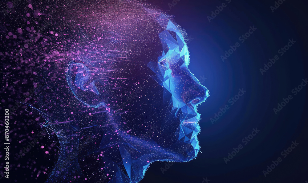 Human head created in low poly style. Man face polygon light. Emotional Intelligence allegory AI. Facial Recognition System concept. biometric scanning, 3D scanning Human head created in low poly style. Man face polygon light. Emotional Intelligence allegory AI. Facial Recognition System concept. biometric scanning, 3D scanning