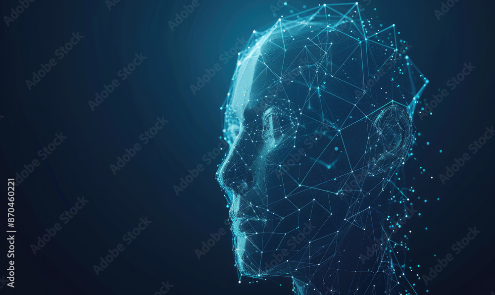 Human head created in low poly style. Man face polygon light. Emotional Intelligence allegory AI. Facial Recognition System concept. biometric scanning, 3D scanning Human head created in low poly style. Man face polygon light. Emotional Intelligence allegory AI. Facial Recognition System concept. biometric scanning, 3D scanning