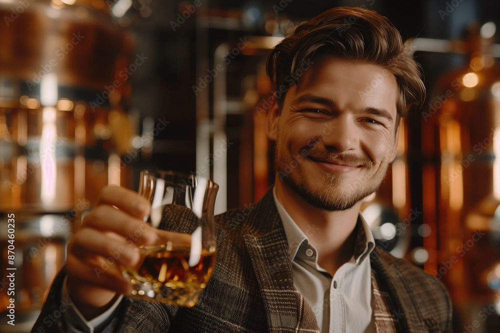 Man Smiling and Holding a Glass of Whiskey in a Distillery. Alcohol Beverages, Happy Moments, Distilled Spirits, Brooklyn Distillery. Man Smiling and Holding a Glass of Whiskey in a Distillery. Alcohol Beverages, Happy Moments, Distilled Spirits, Brooklyn Distillery.