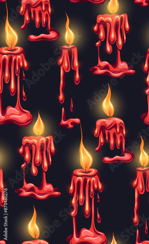 Vector mystic pattern with red flowing paraffin candles with fire on a dark background. Texture with paraffin light candle wax tops. Ritual and magic. Background for wrapping paper.