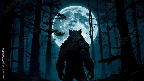A silhouette of a werewolf  standing in the dark forest under the light of full moon. Mythical monster creature fantasy illustration concept wallpaper.