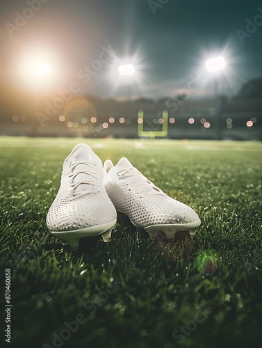 Soccer Cleats on Floodlit Pitch with Empty Space photo