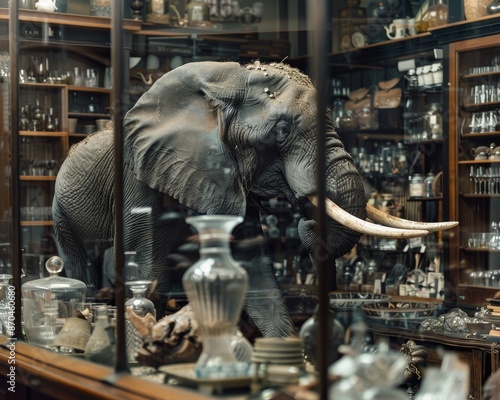 A large African elephant in a glassware shop. wild animals in an urban environment © MaVeRa