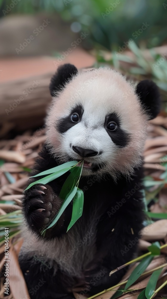 Fototapeta premium Baby panda chewing bamboo leaves in a natural habitat, close-up adorable animal portrait