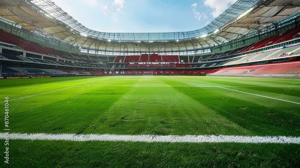 A wide-angle view of an empty soccer stadium bathed in sunlight, featuring a pristine green field and modern architecture. The bright sky and well-maintained pitch set the stage for upcoming events. A wide-angle view of an empty soccer stadium bathed in sunlight, featuring a pristine green field and modern architecture. The bright sky and well-maintained pitch set the stage for upcoming events.