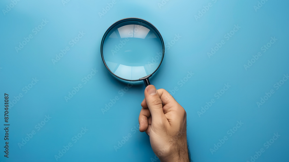 A close-up of a hand holding a magnifying glass against a blue background. The magnifying glass reflects light, emphasizing the concept of search, focus, and investigation. A close-up of a hand holding a magnifying glass against a blue background. The magnifying glass reflects light, emphasizing the concept of search, focus, and investigation.