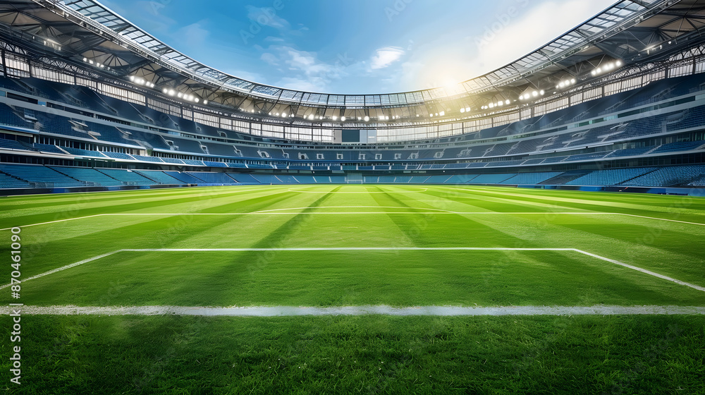 A panoramic view of a sunlit soccer stadium with a pristine green field. The bright blue sky and modern architecture create an inviting atmosphere for upcoming matches and events. A panoramic view of a sunlit soccer stadium with a pristine green field. The bright blue sky and modern architecture create an inviting atmosphere for upcoming matches and events.