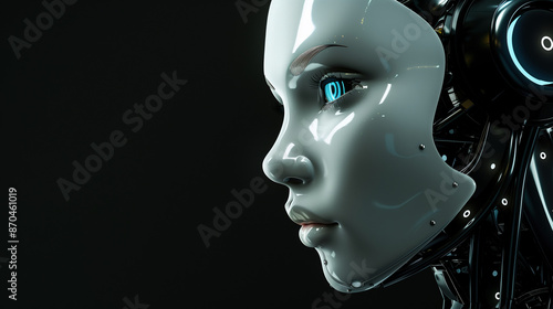 Female robot half body shot, Artificial intelligence concept, isolated black background © aditya