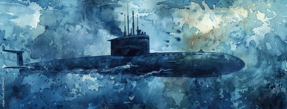 Fototapeta premium Submarine Illustration with Blue Watercolor Wash