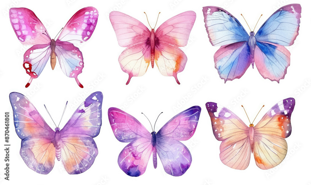 Obraz premium Butterflies clipart set. Pink butterfly. Girl baby shower design elements. Party invitation, birthday celebration. Spring or summer decoration