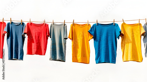 Colorful t-shirts drying on washing line isolated on white,Different bright t-shirts Colorful t-shirts drying on washing line isolated on white,drying on washing line against white background  © samar