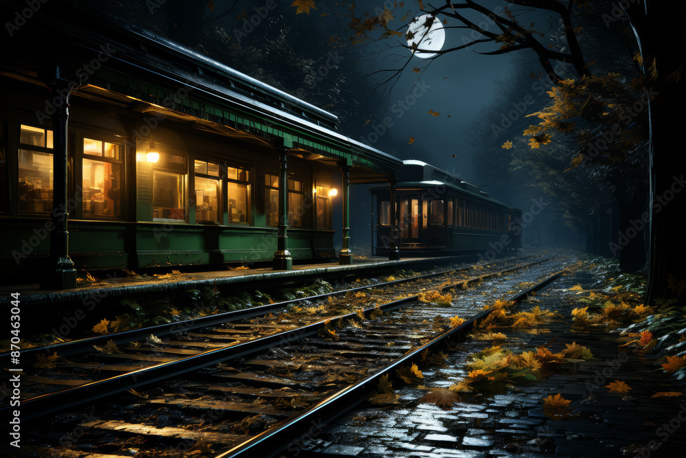 Obraz premium An abandoned railway station platform bathed in soft moonlight, where the only movement is the rustling of leaves. Concept of nocturnal silence and railway solitude. Generative Ai.